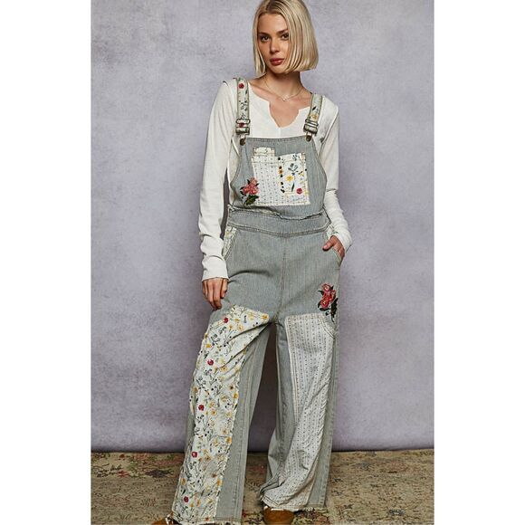 POL Stripe Denim Embroidery Floral Patchwork Wide Leg...